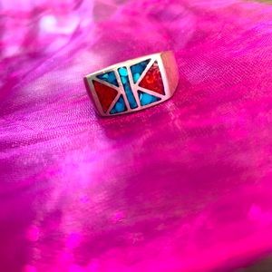 Vintage Turquoise & Coral Inlay Ring